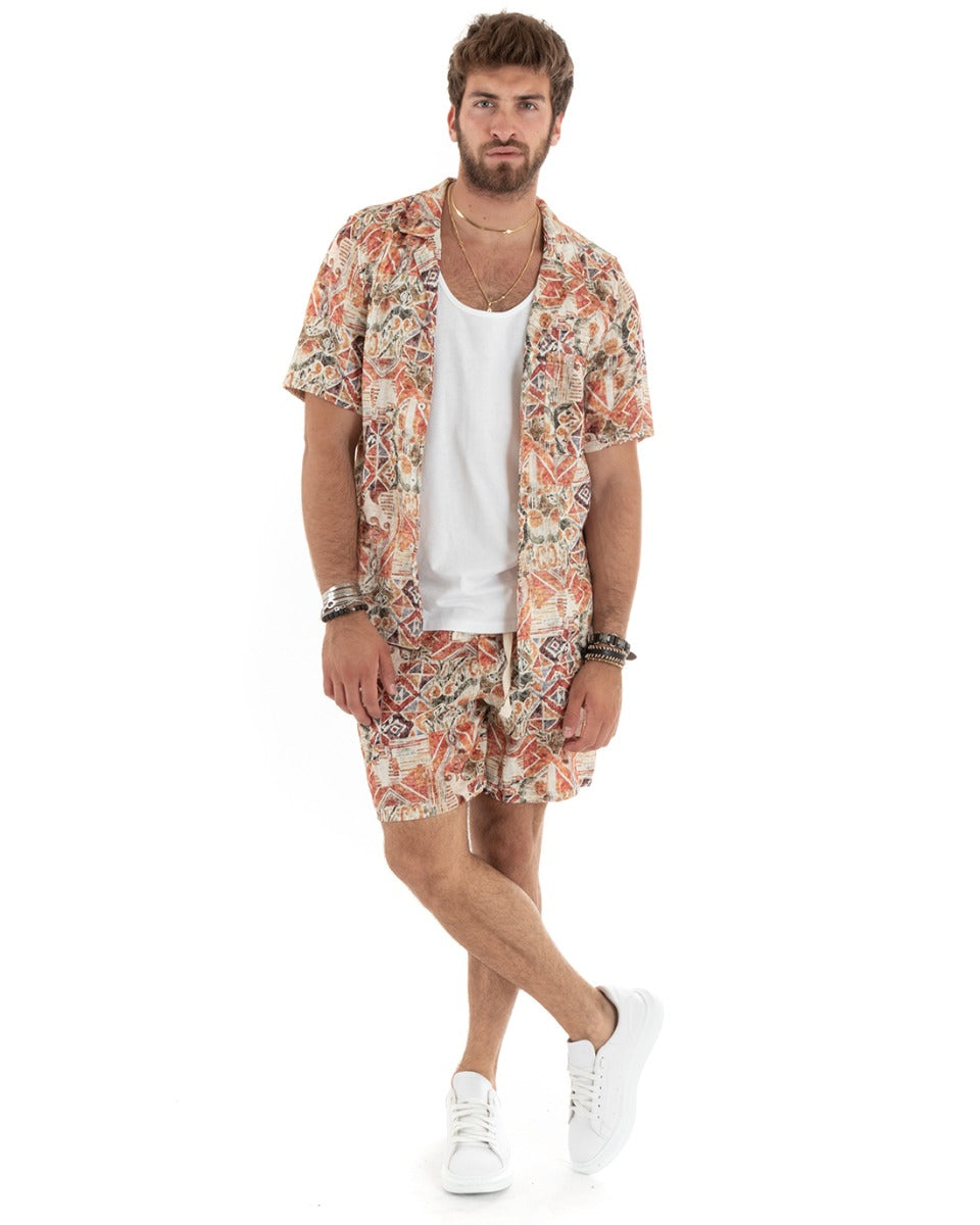 Completo Set Coordinato Uomo Lino Camicia Con Colletto Bermuda Outfit GIOSAL-OU2342A