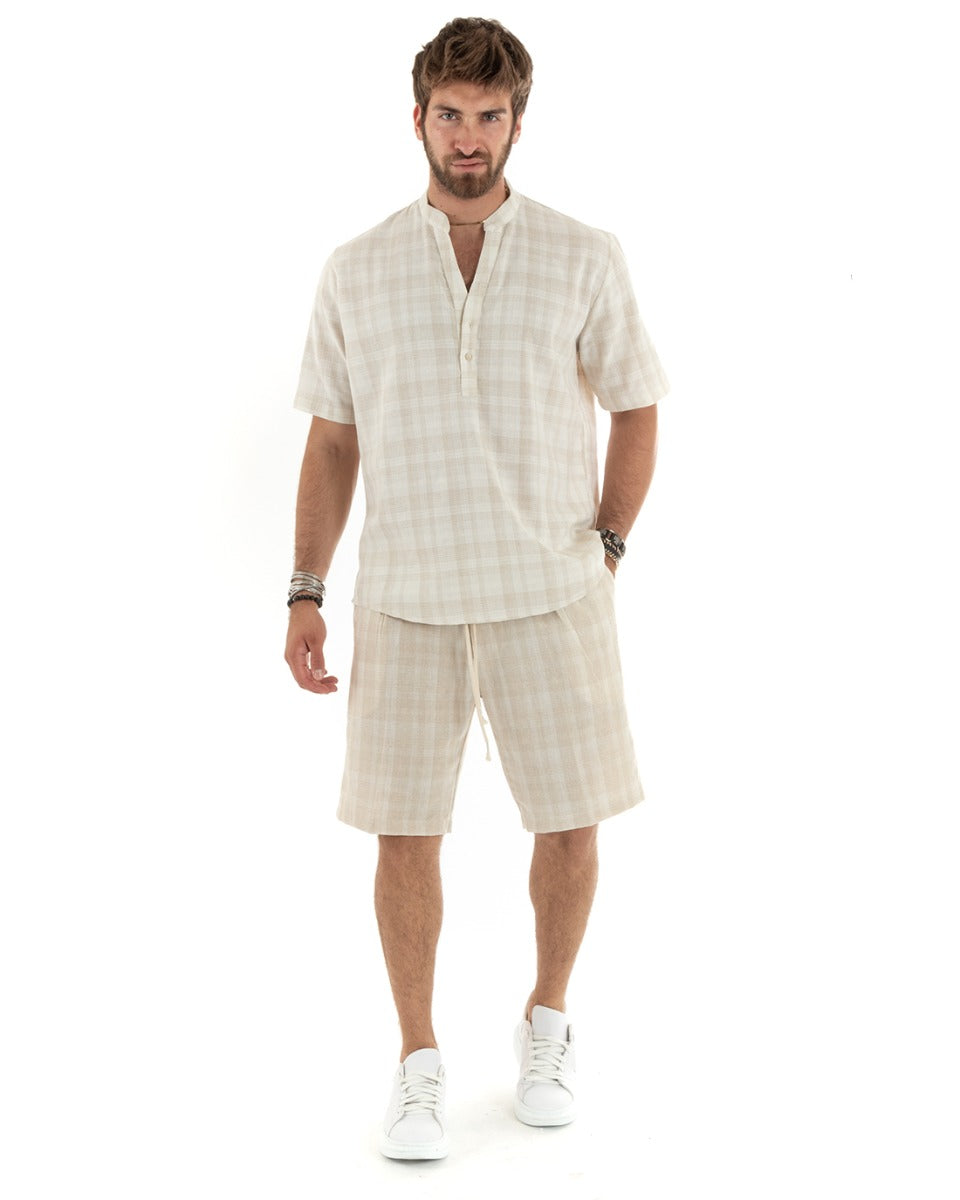 Completo Set Coordinato Uomo Lino Casacca Camicia Serafino Bermuda Outfit Quadri Beige GIOSAL-OU2343A