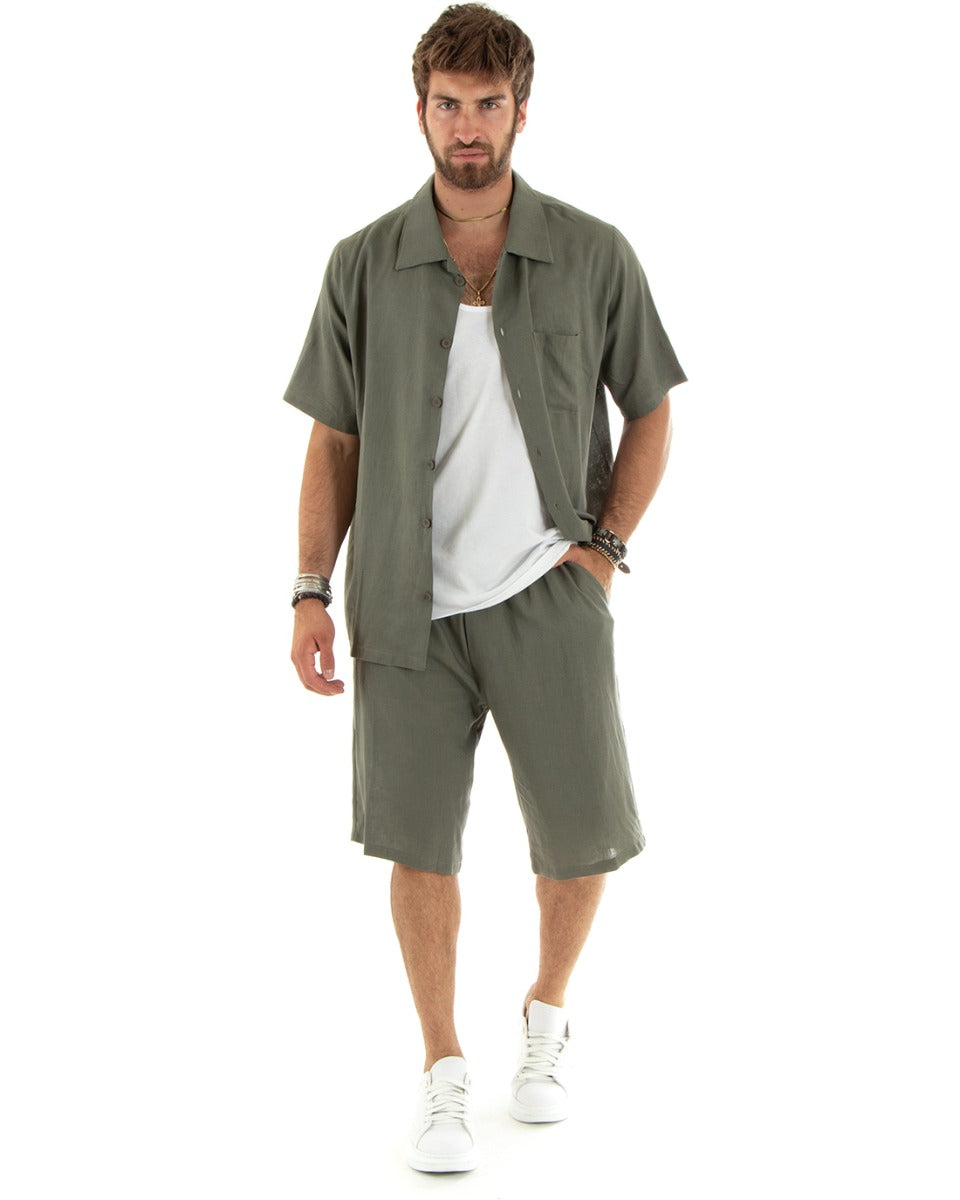 Completo Set Coordinato Uomo Lino Camicia Con Colletto Bermuda Outfit Verde GIOSAL-OU2344A