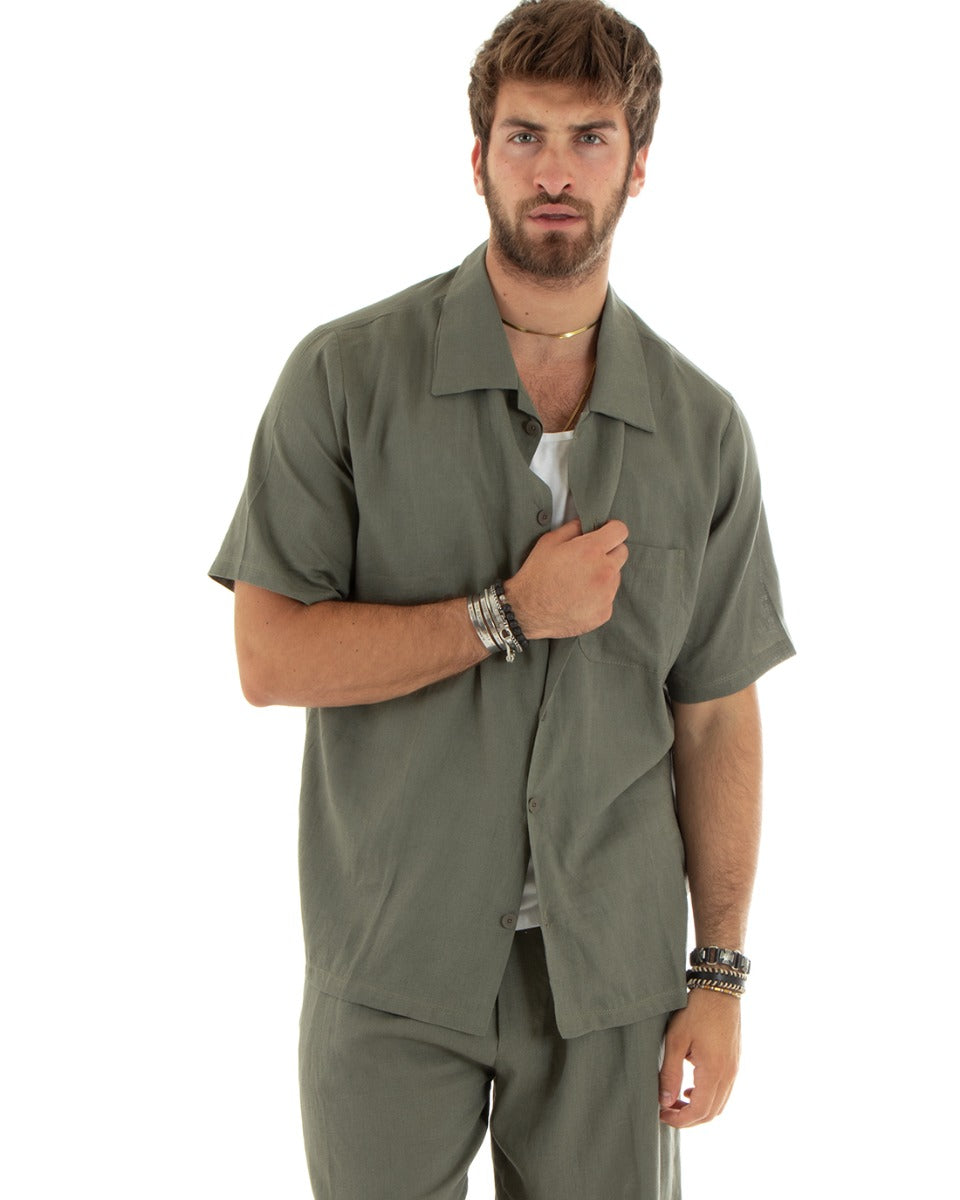 Completo Set Coordinato Uomo Lino Camicia Con Colletto Bermuda Outfit Verde GIOSAL-OU2344A