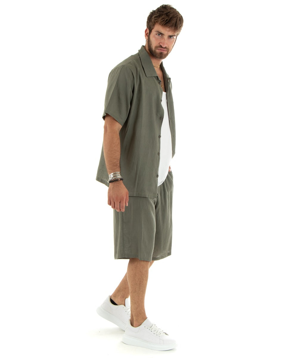 Completo Set Coordinato Uomo Lino Camicia Con Colletto Bermuda Outfit Verde GIOSAL-OU2344A