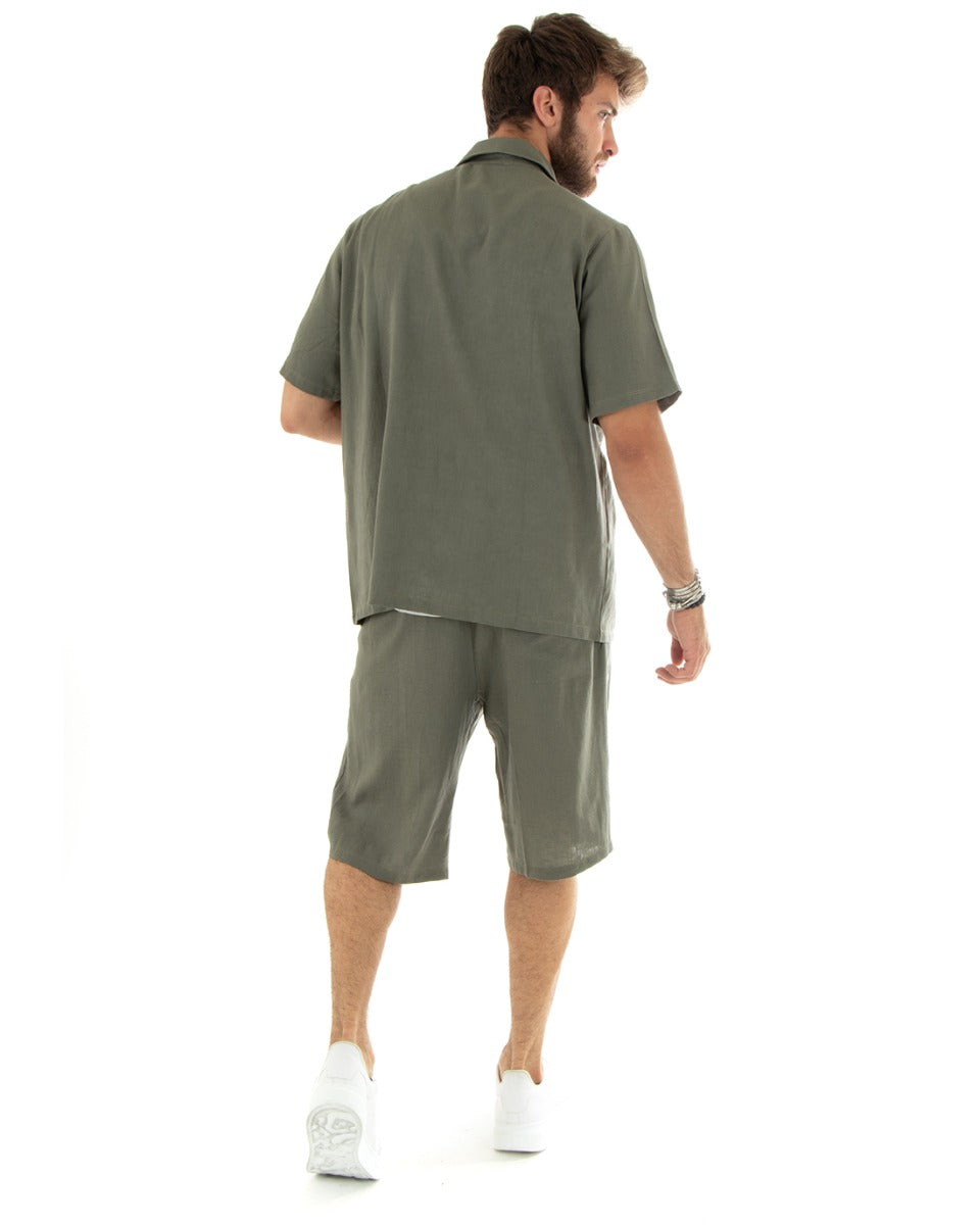 Completo Set Coordinato Uomo Lino Camicia Con Colletto Bermuda Outfit Verde GIOSAL-OU2344A
