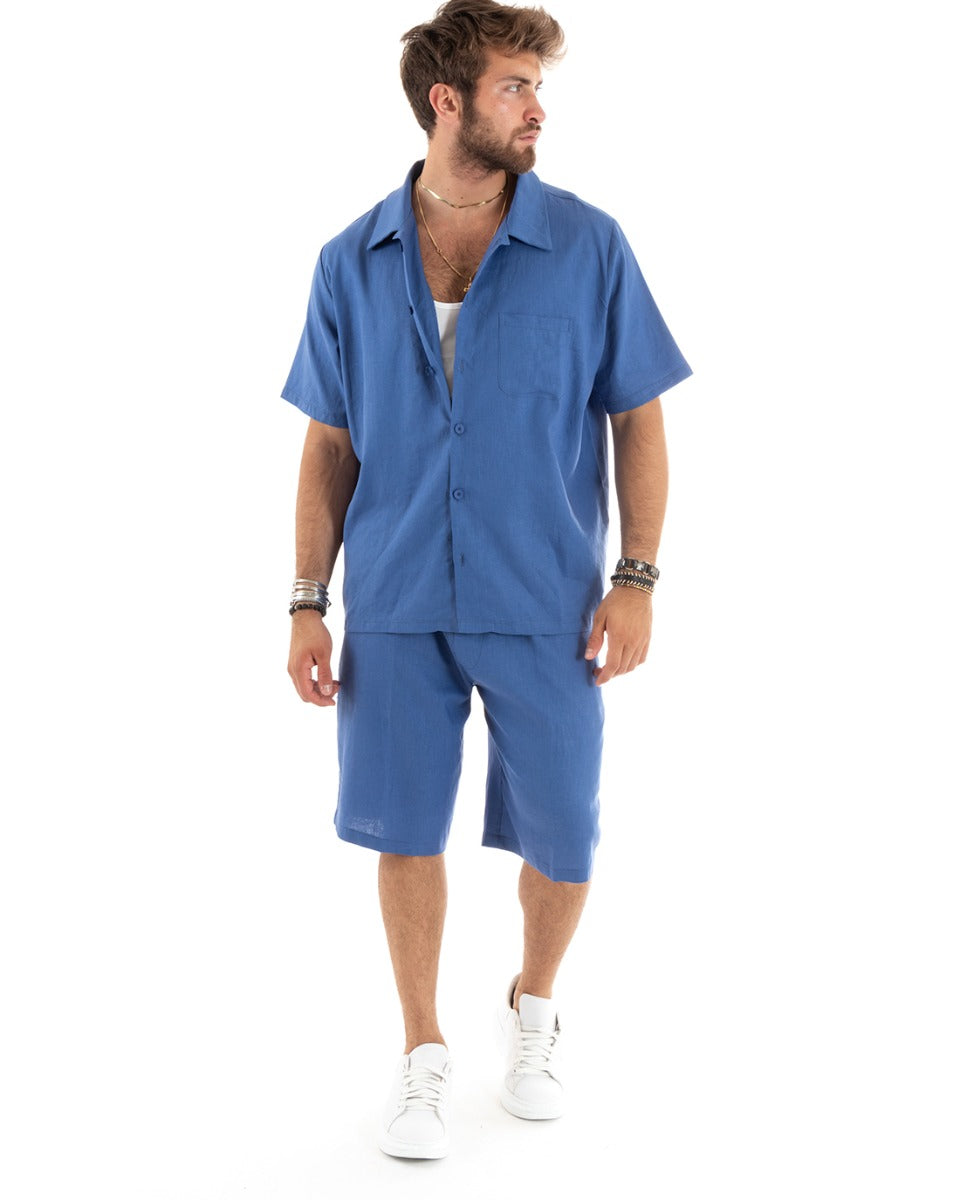 Completo Set Coordinato Uomo Lino Camicia Con Colletto Bermuda Outfit Blu Royal GIOSAL-OU2345A