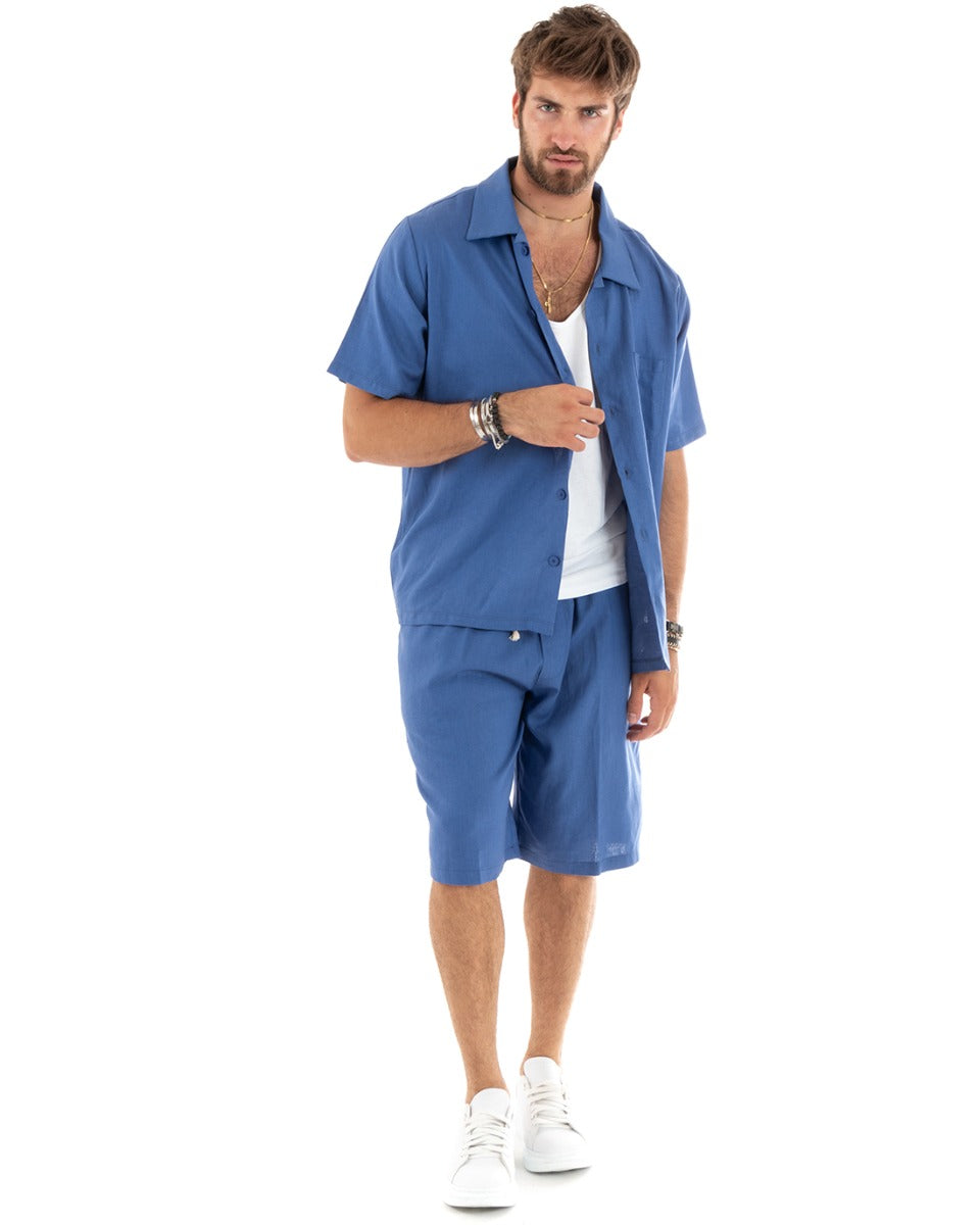 Completo Set Coordinato Uomo Lino Camicia Con Colletto Bermuda Outfit Blu Royal GIOSAL-OU2345A