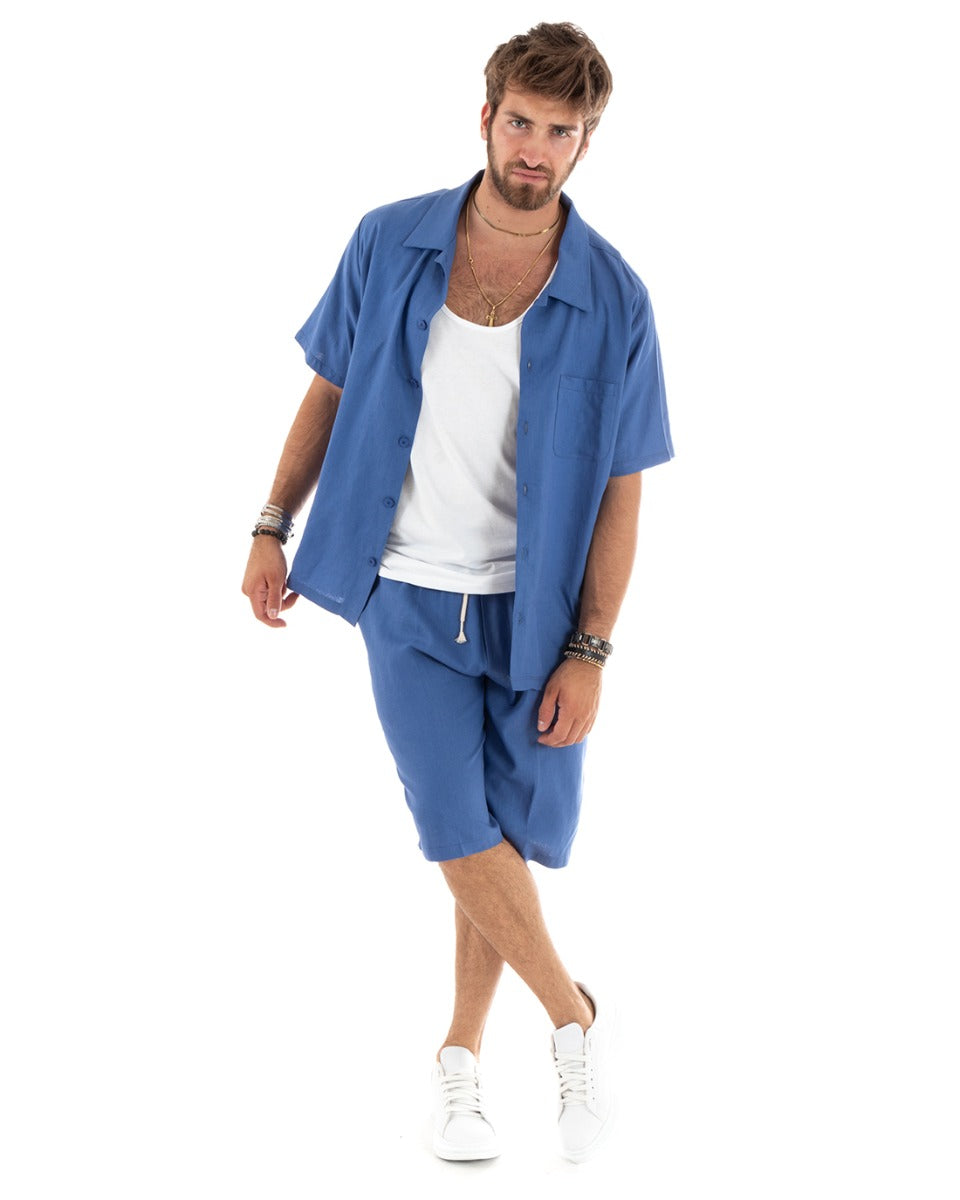 Completo Set Coordinato Uomo Lino Camicia Con Colletto Bermuda Outfit Blu Royal GIOSAL-OU2345A