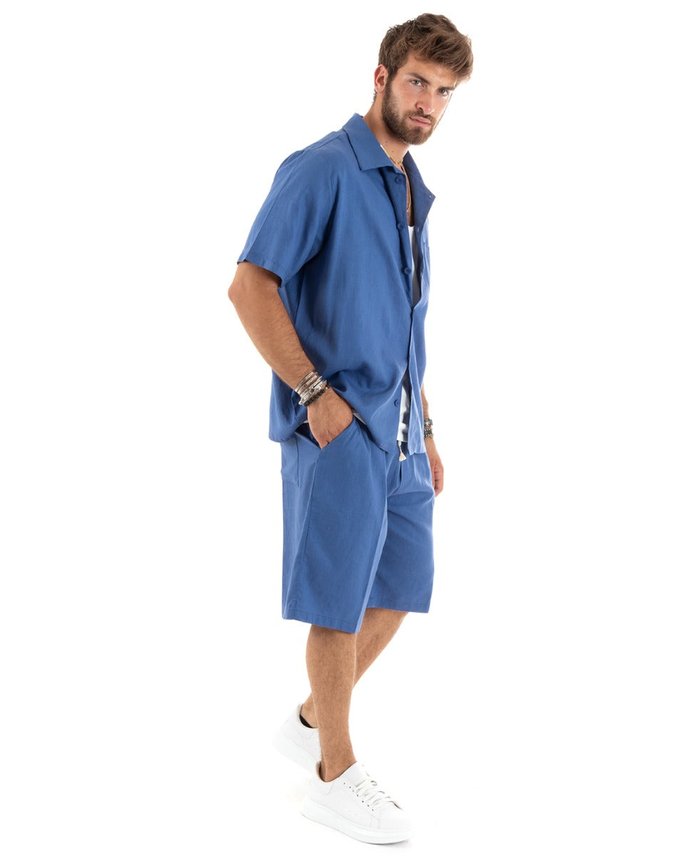 Completo Set Coordinato Uomo Lino Camicia Con Colletto Bermuda Outfit Blu Royal GIOSAL-OU2345A