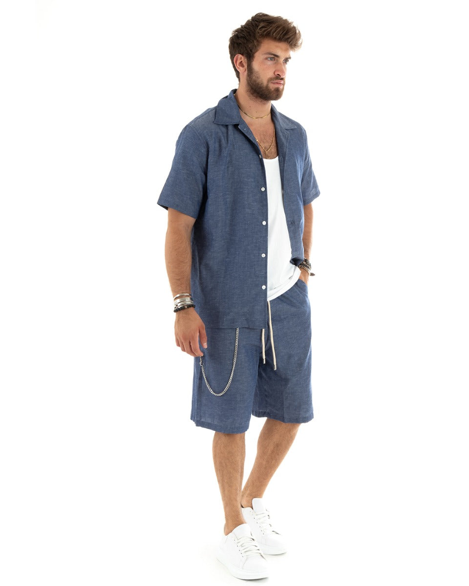 Completo Set Coordinato Uomo Viscosa Camicia Con Colletto Bermuda Outfit Denim Blu GIOSAL-OU2356A