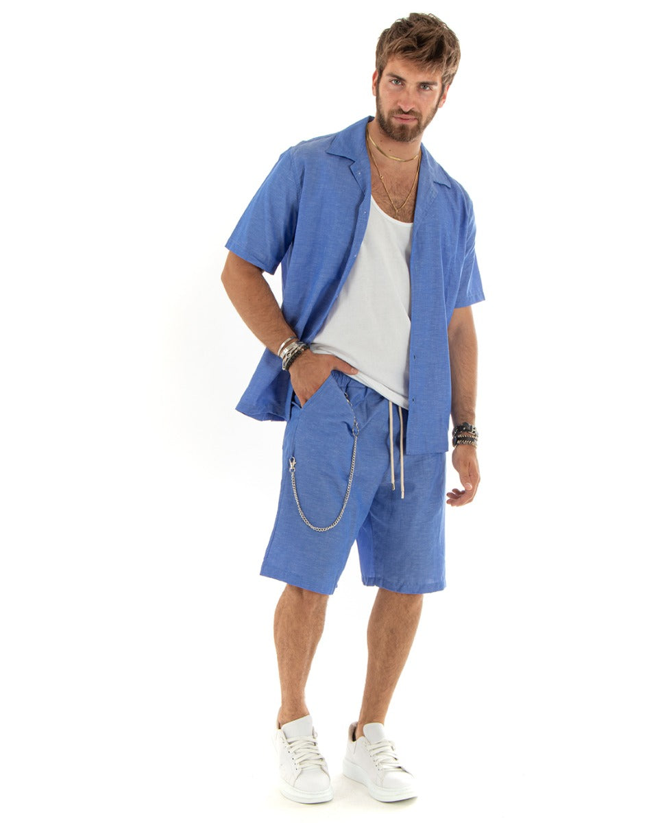 Completo Set Coordinato Uomo Viscosa Camicia Con Colletto Bermuda Outfit Blu Royal GIOSAL-OU2357A