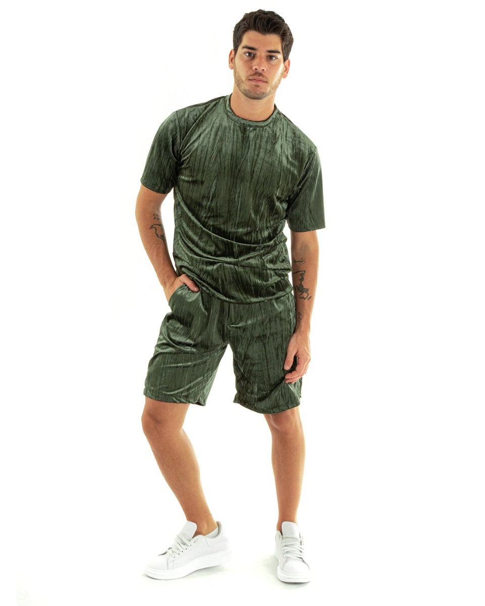 Completo Set Coordinato Uomo Ciniglia T-Shirt Bermuda Outfit Verde GIOSAL-OU2361A