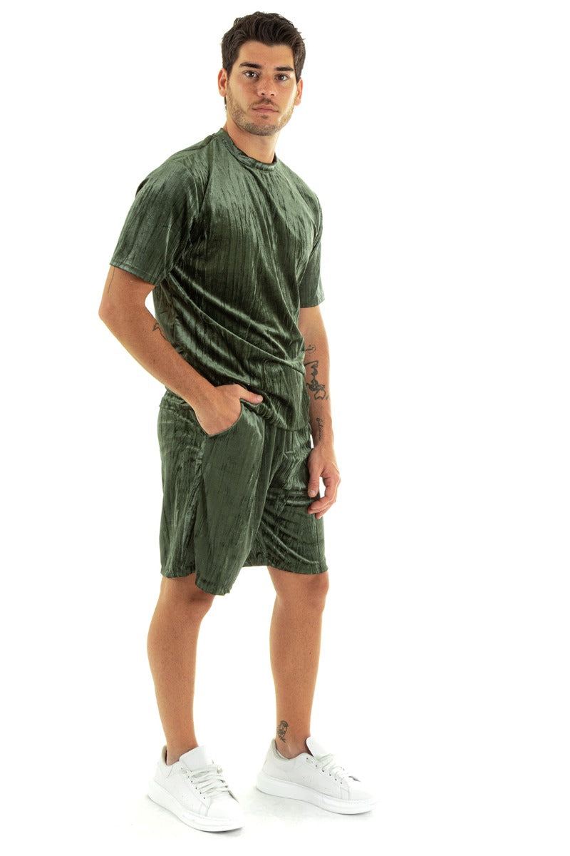 Completo Set Coordinato Uomo Ciniglia T-Shirt Bermuda Outfit Verde GIOSAL-OU2361A