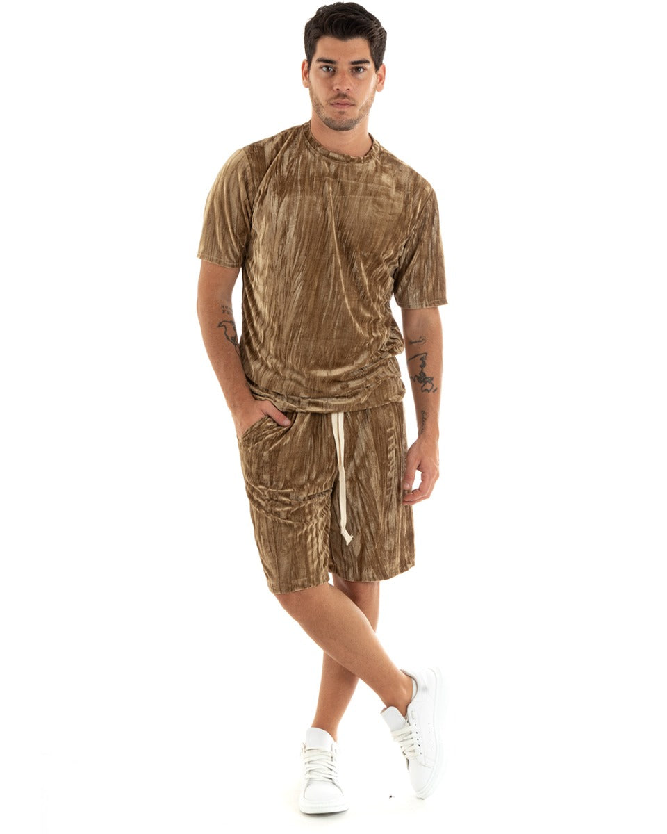 Completo Set Coordinato Uomo Ciniglia T-Shirt Bermuda Outfit Camel GIOSAL-OU2362A