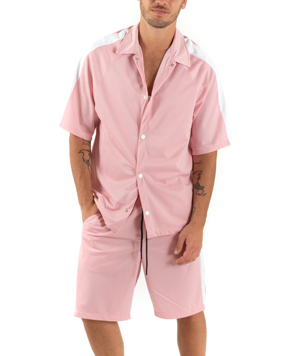 Completo Set Coordinato Uomo Viscosa Camicia Con Colletto Bermuda Outfit Rosa GIOSAL-OU2363A