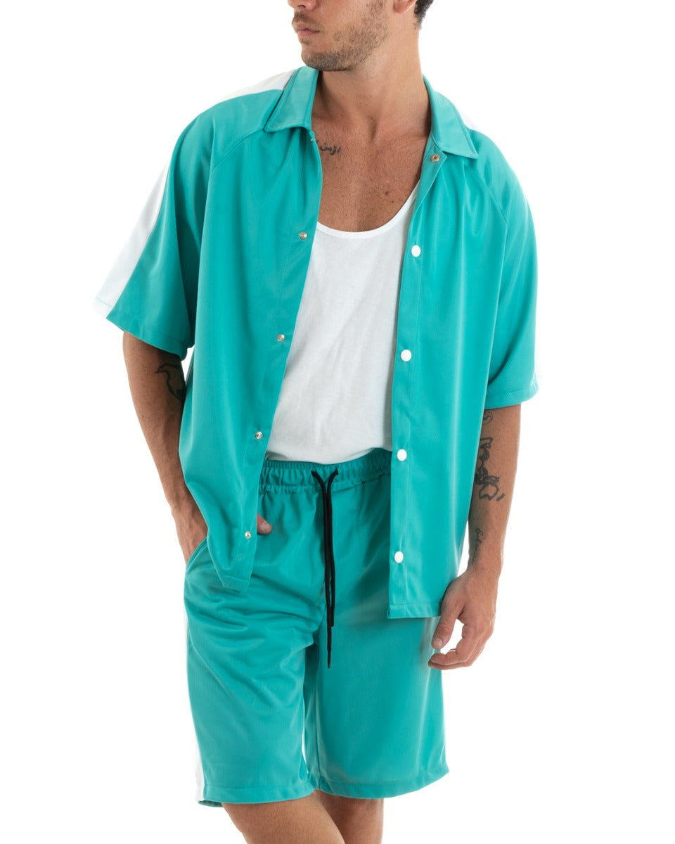 Completo Set Coordinato Uomo Viscosa Camicia Con Colletto Bermuda Outfit Turchese GIOSAL-OU2365A