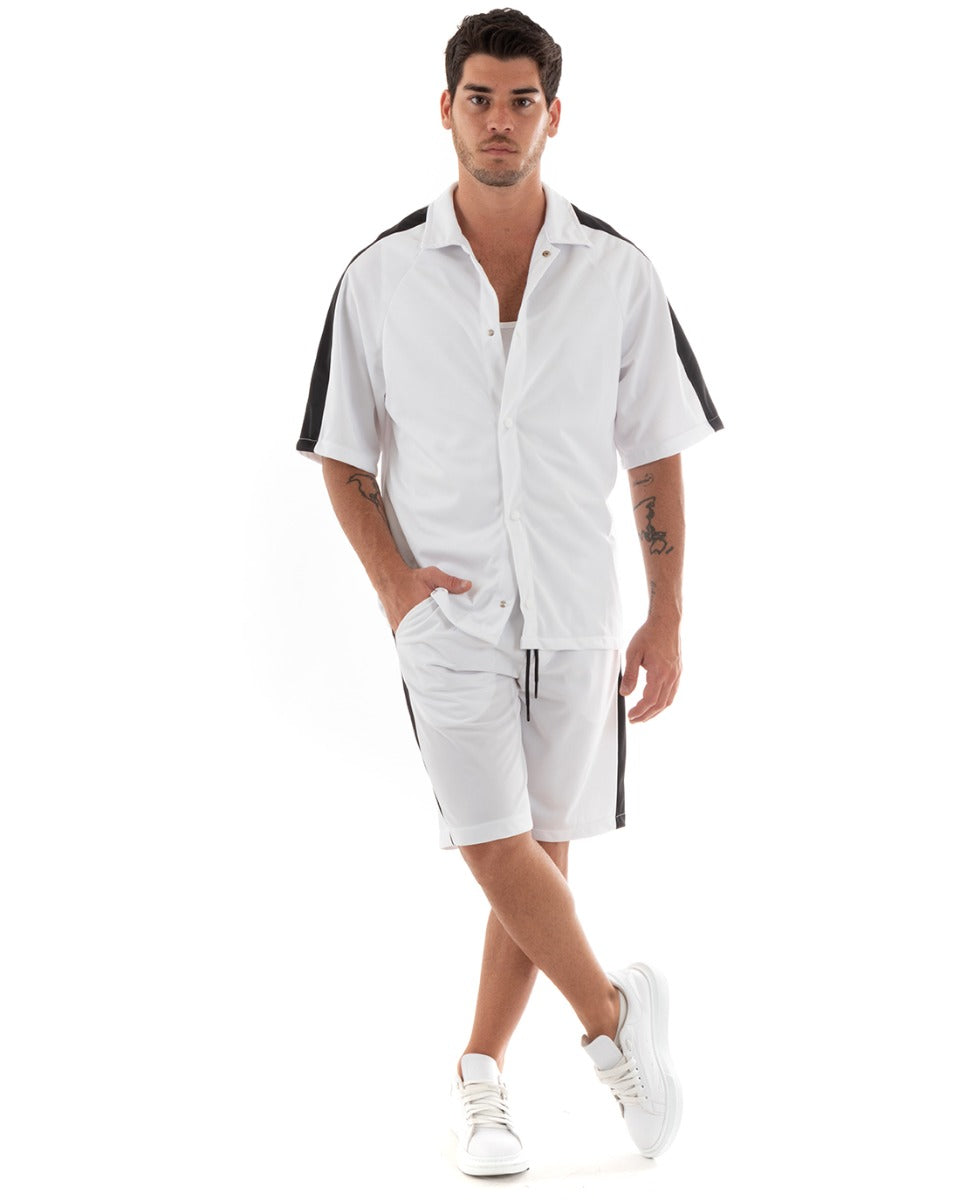 Completo Set Coordinato Uomo Viscosa Camicia Con Colletto Bermuda Outfit Bianco GIOSAL-OU2367A