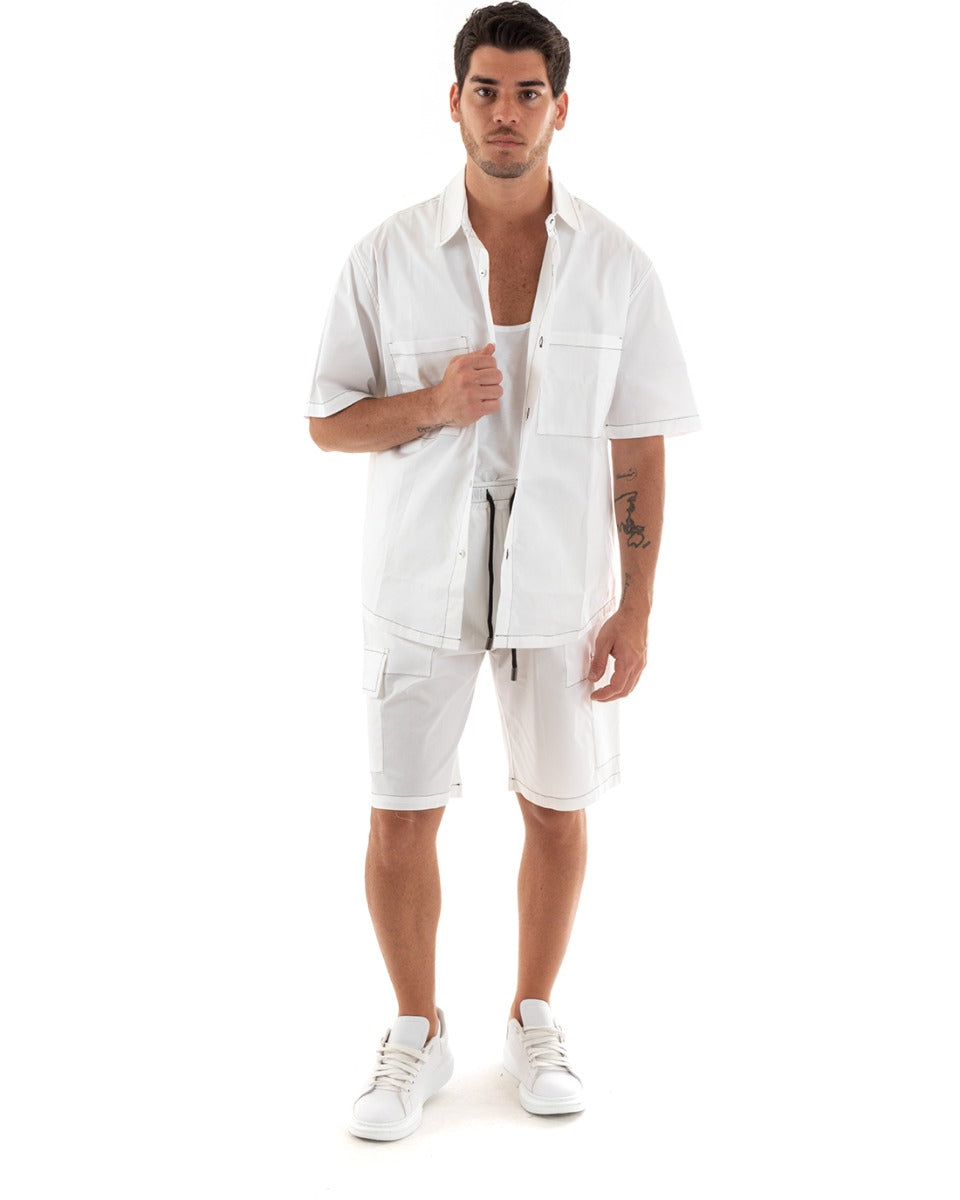 Completo Set Coordinato Uomo Cotone Camicia Con Colletto Bermuda Cargo Outfit Bianco GIOSAL-OU2368A