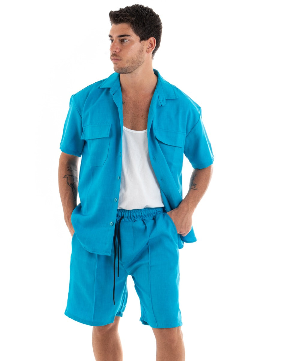 Completo Set Coordinato Uomo Viscosa Camicia Con Colletto Bermuda Outfit Turchese GIOSAL-OU2371A