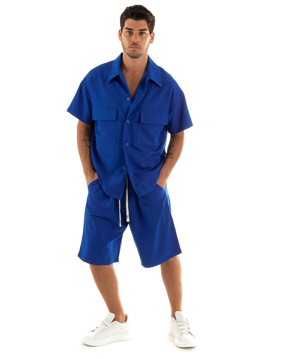 Completo Set Coordinato Uomo Viscosa Camicia Con Colletto Bermuda Outfit Blu Royal GIOSAL-OU2377A