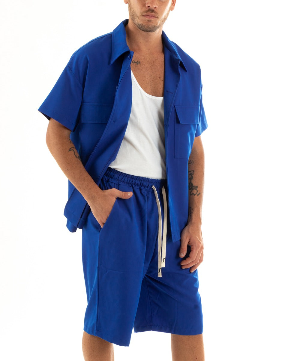 Completo Set Coordinato Uomo Viscosa Camicia Con Colletto Bermuda Outfit Blu Royal GIOSAL-OU2377A