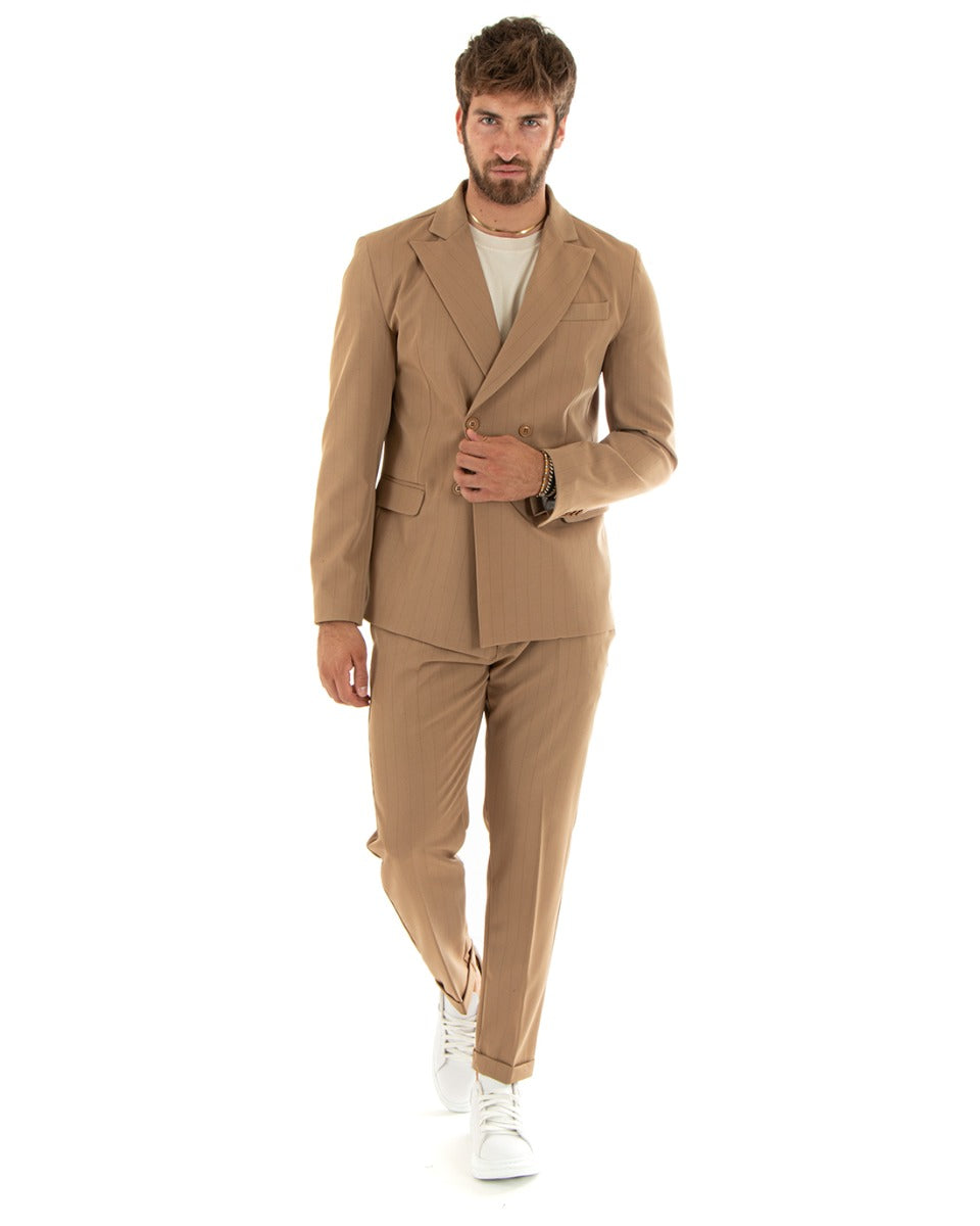 Abito Uomo Doppiopetto Vestito Viscosa Completo Giacca Pantaloni Camel Rigato Gessato Elegante Cerimonia GIOSAL-OU2380A