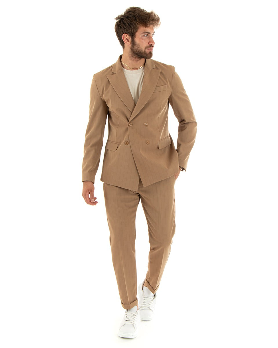 Abito Uomo Doppiopetto Vestito Viscosa Completo Giacca Pantaloni Camel Rigato Gessato Elegante Cerimonia GIOSAL-OU2380A