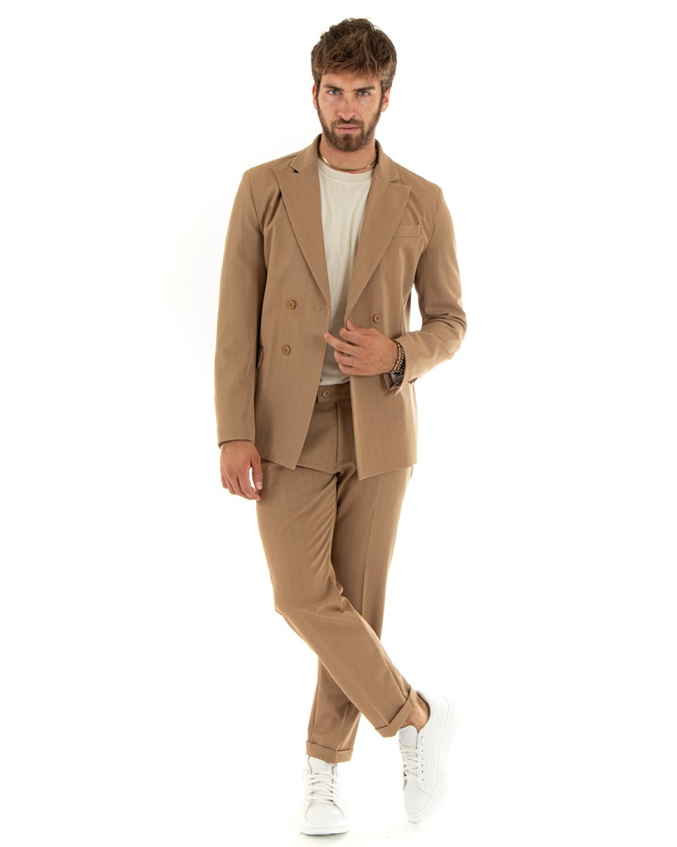 Abito Uomo Doppiopetto Vestito Viscosa Completo Giacca Pantaloni Camel Rigato Gessato Elegante Cerimonia GIOSAL-OU2380A