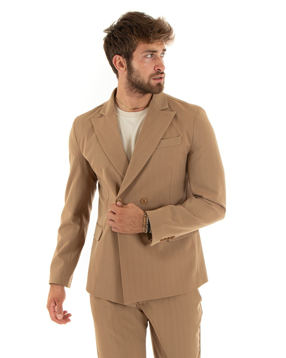 Abito Uomo Doppiopetto Vestito Viscosa Completo Giacca Pantaloni Camel Rigato Gessato Elegante Cerimonia GIOSAL-OU2380A