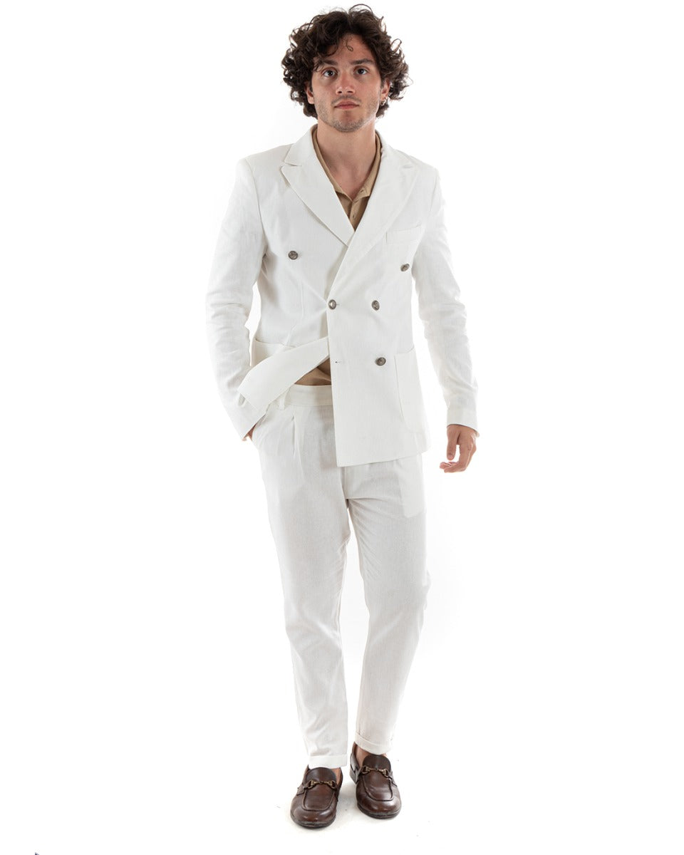 Abito Uomo Doppiopetto Vestito Lino Completo Giacca Pantaloni Bianco Elegante Cerimonia GIOSAL OU2382A