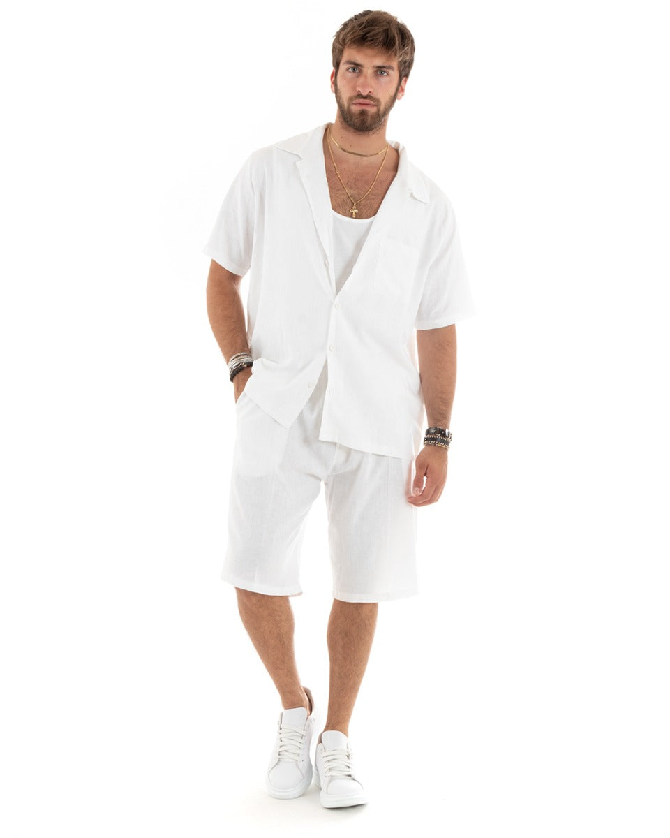 Completo Set Coordinato Uomo Lino Camicia Con Colletto Bermuda Outfit Bianco GIOSAL-OU2385A