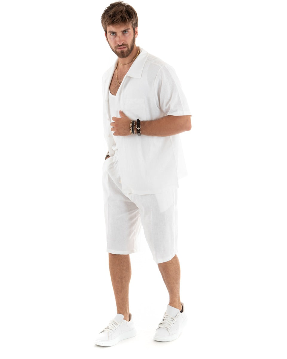 Completo Set Coordinato Uomo Lino Camicia Con Colletto Bermuda Outfit Bianco GIOSAL-OU2385A