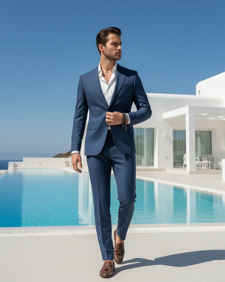 Abito Uomo Monopetto Vestito Viscosa Completo Giacca Pantaloni Blu Melangiato OU2401A