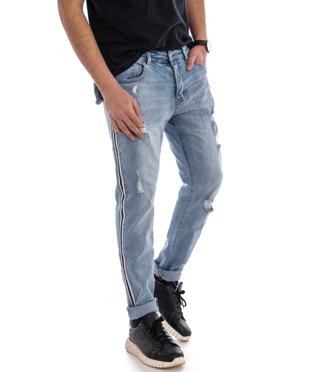 Pantaloni Jeans Uomo Slim Fit Stone Washed Cinque Tasche Rotture GIOSAL-P2258A