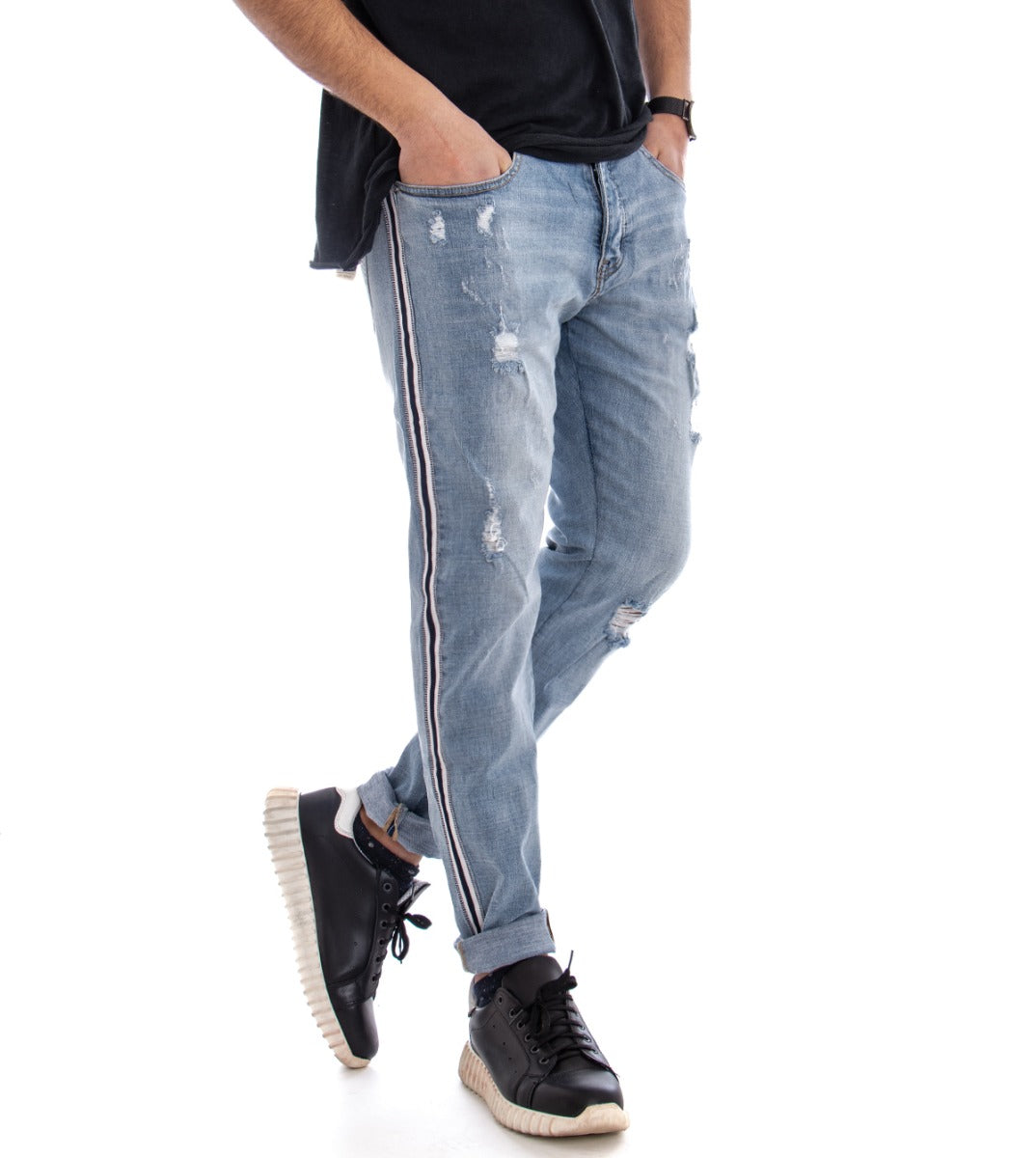 Pantaloni Jeans Uomo Slim Fit Stone Washed Cinque Tasche Rotture GIOSAL-P2258A