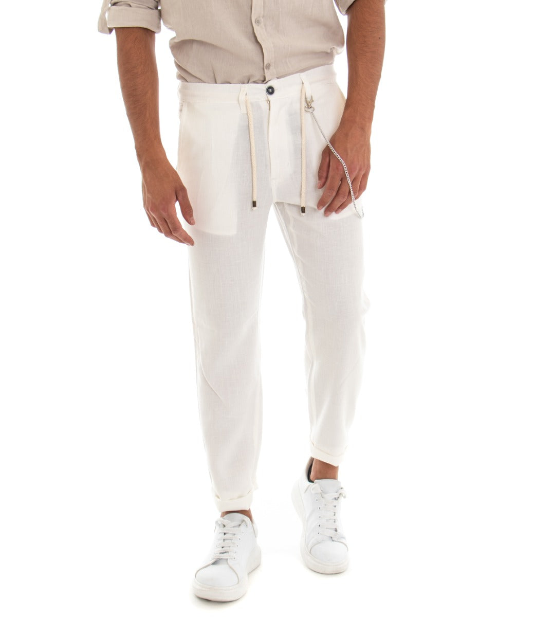 Pantaloni Uomo Tasca America Basic Tinta Unita Bianco Lino Coulisse GIOSAL-P3006A
