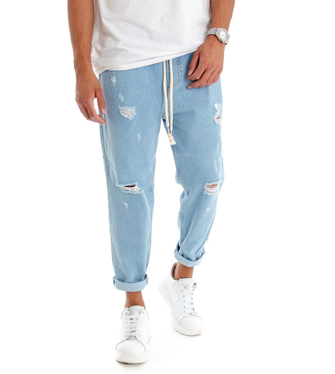 Pantaloni Uomo Jeans Loose Fit Pantalaccio Rotture Denim Chiaro P3021A