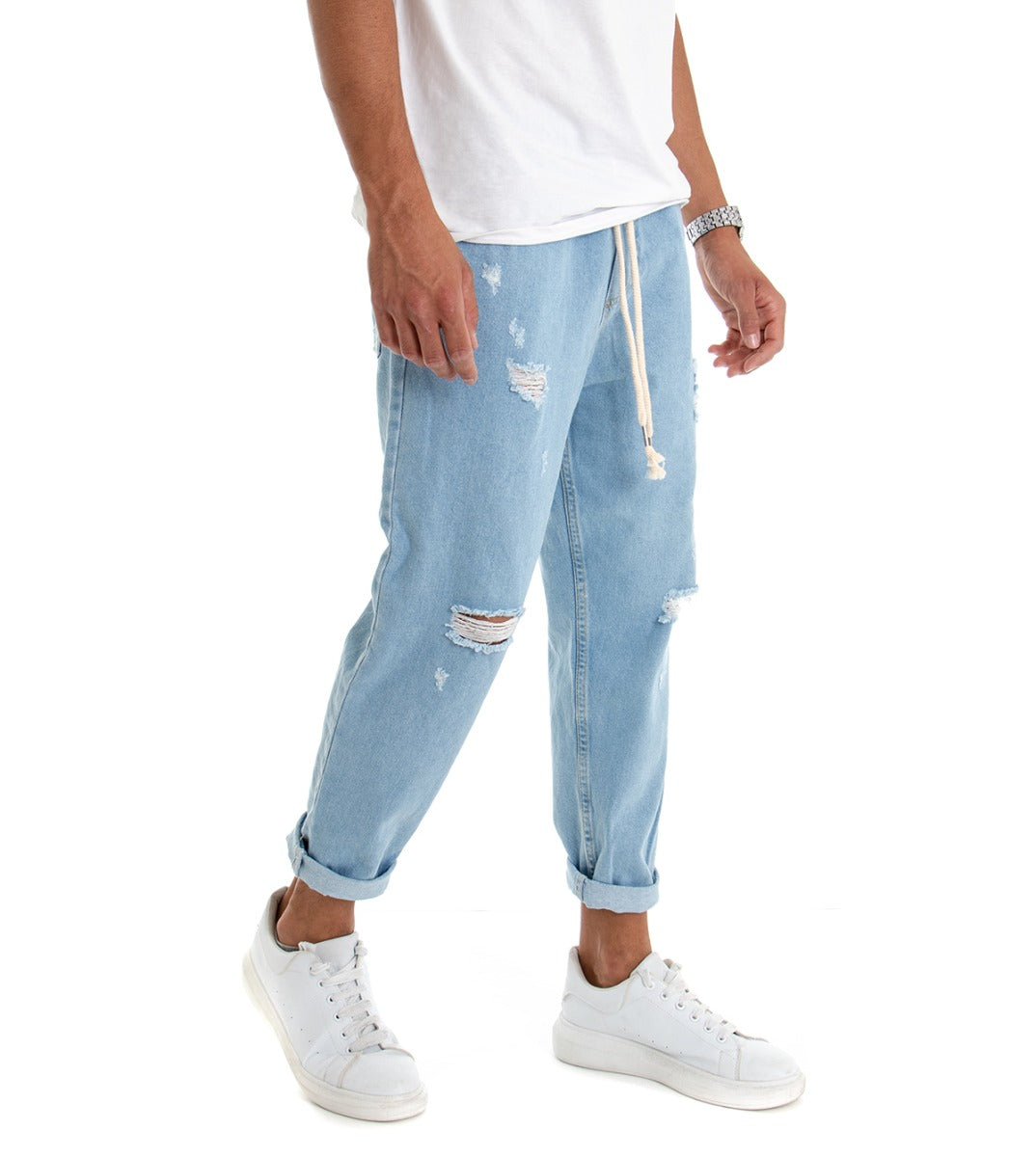 Pantaloni Uomo Jeans Loose Fit Pantalaccio Rotture Denim Chiaro P3021A
