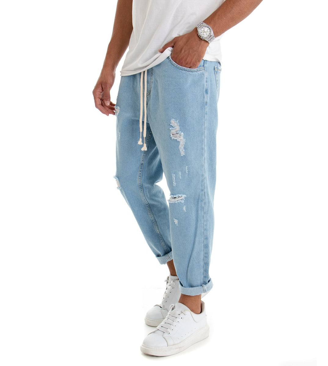 Pantaloni Uomo Jeans Loose Fit Pantalaccio Rotture Denim Chiaro P3021A