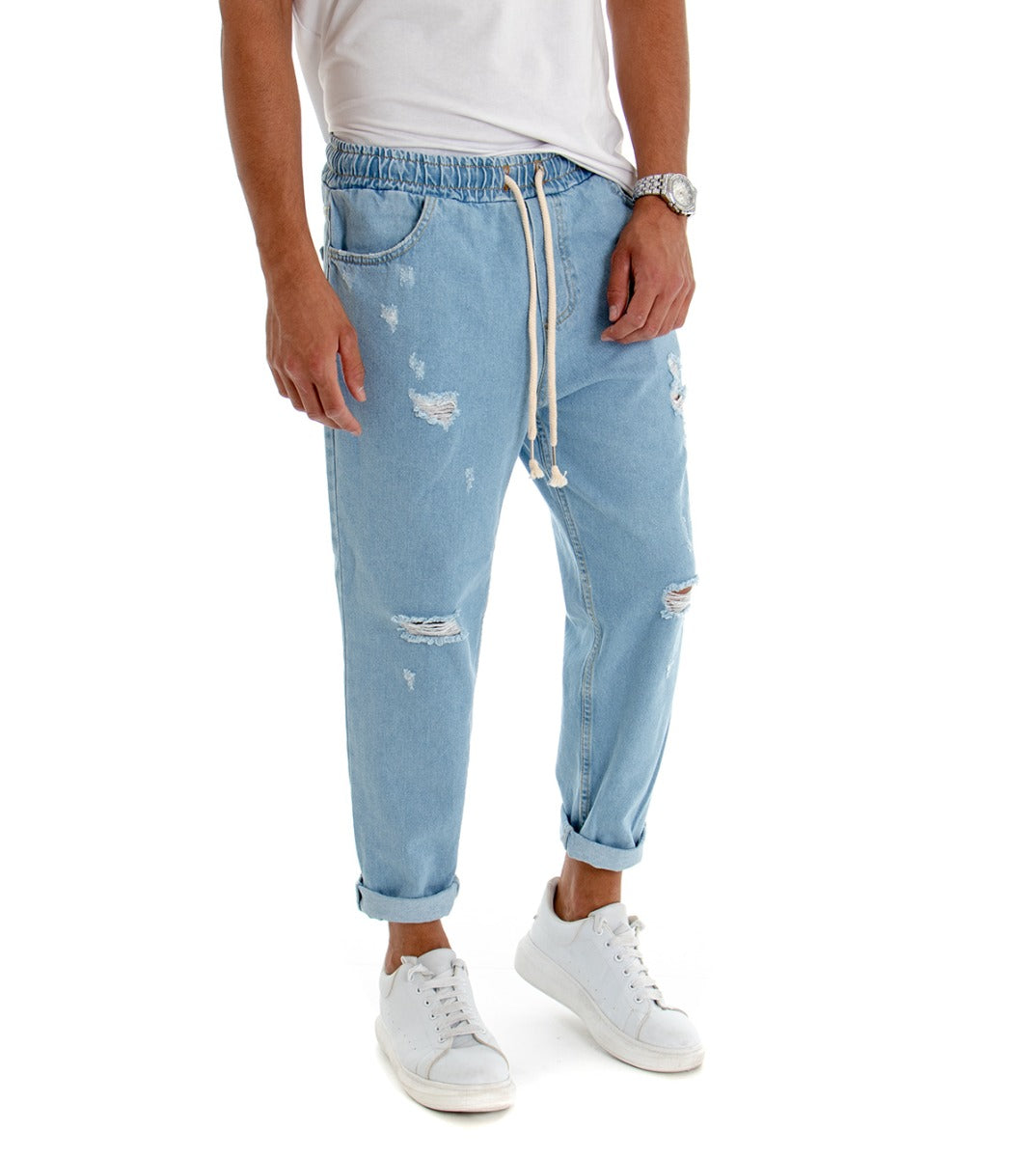 Pantaloni Uomo Jeans Loose Fit Pantalaccio Rotture Denim Chiaro P3021A