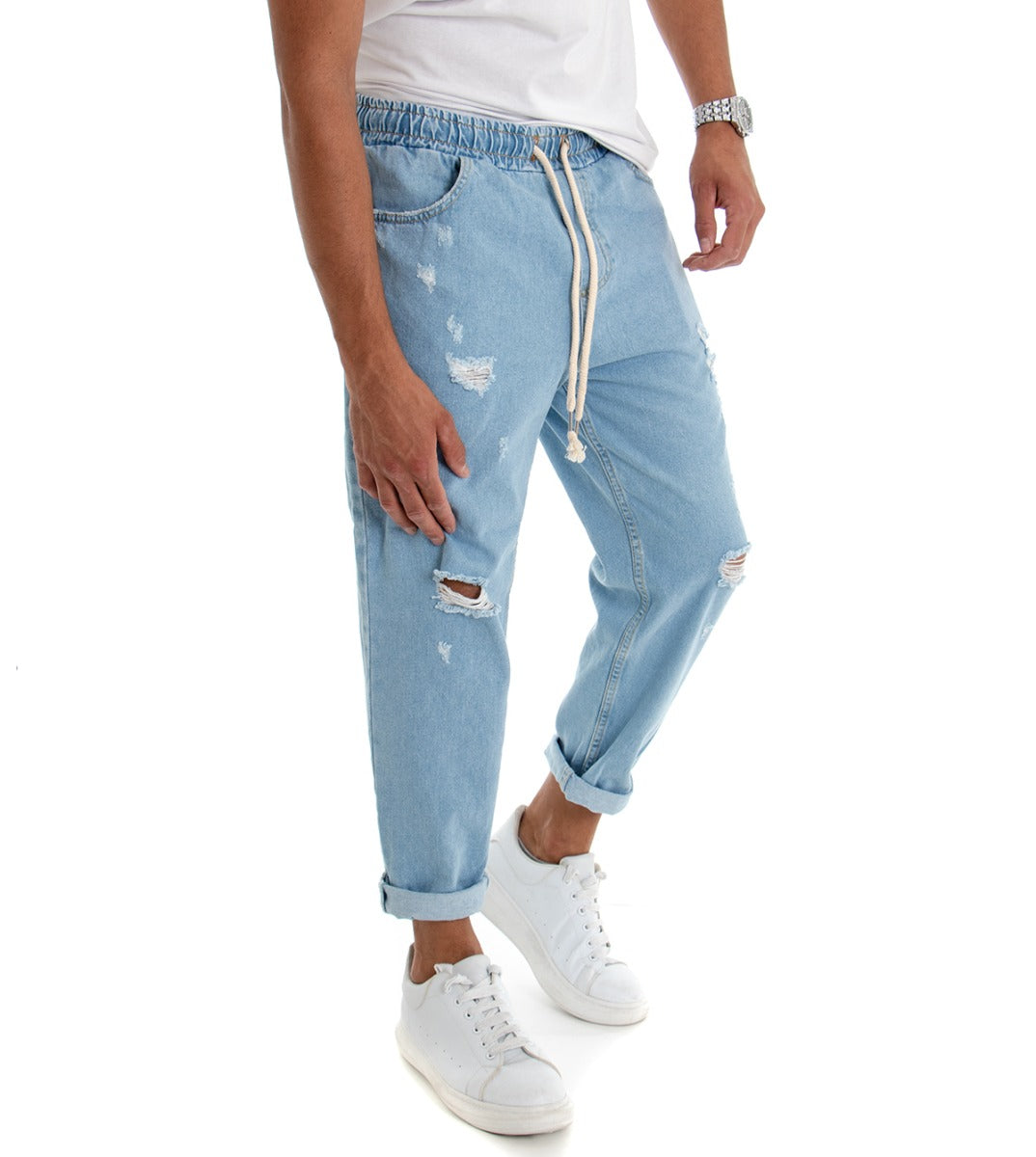 Pantaloni Uomo Jeans Loose Fit Pantalaccio Rotture Denim Chiaro P3021A