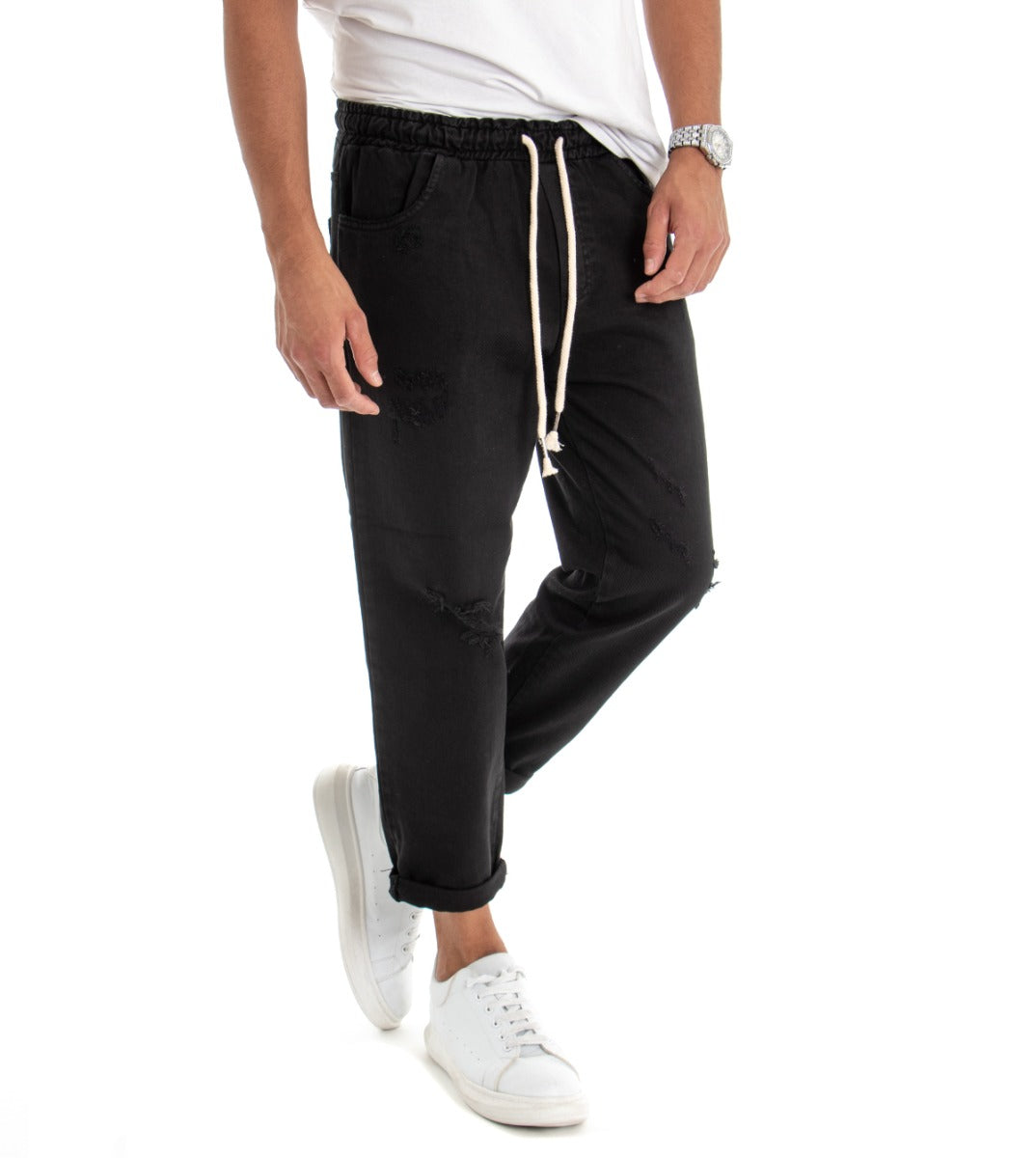 Jeans jogger uomo nero con rotture loose fit elastico in vita casual