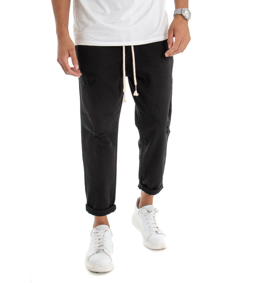 Jeans Jogger Cotone Loose Fit Rotture Nero P3028A