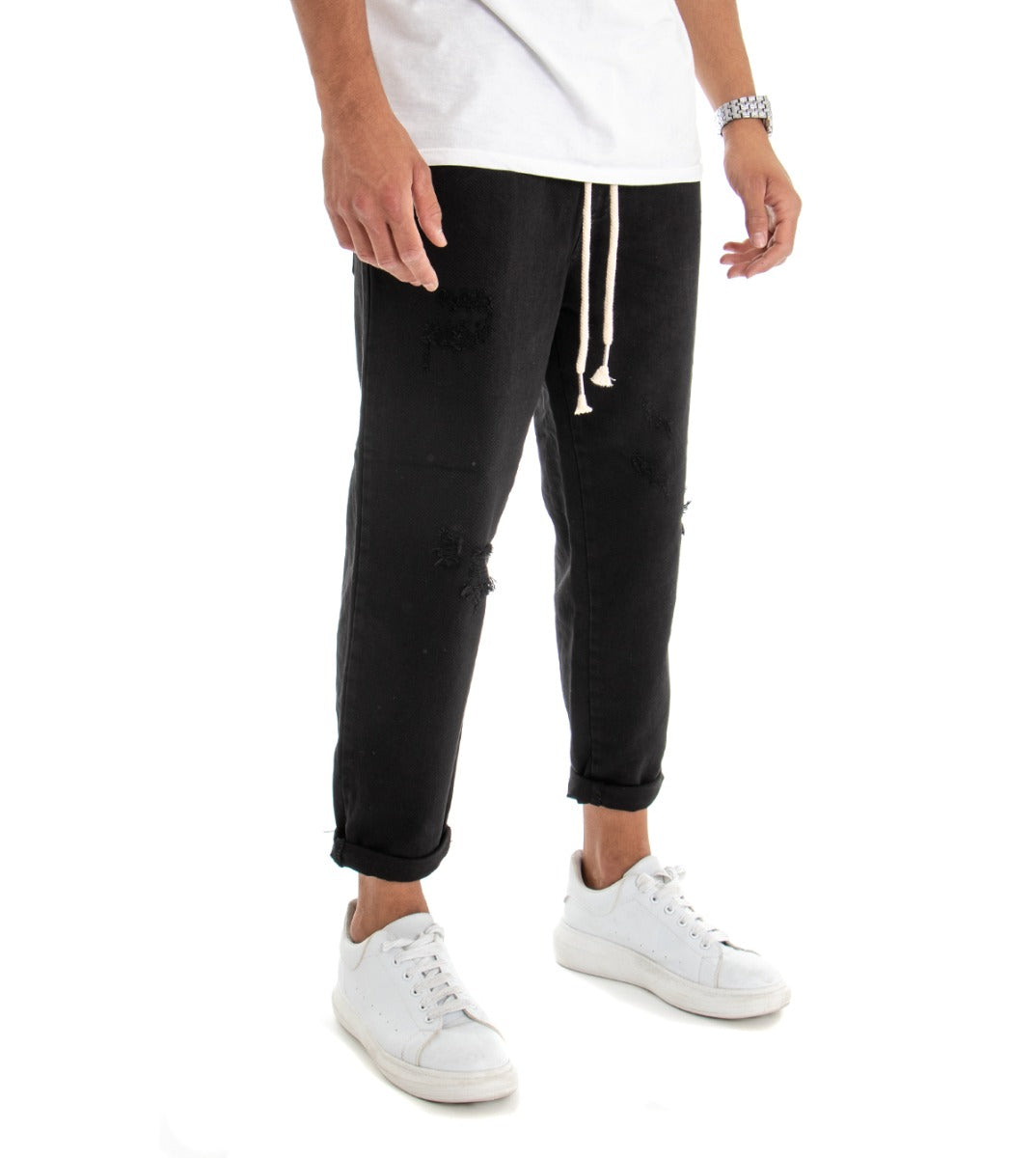 Jeans Jogger Cotone Loose Fit Rotture Nero P3028A
