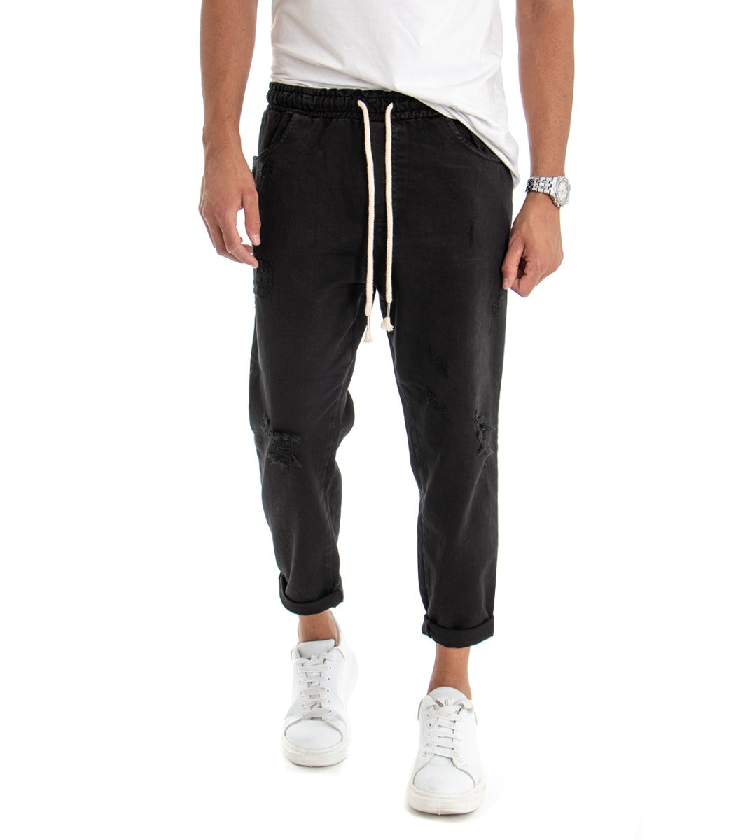 Jeans Jogger Cotone Loose Fit Rotture Nero P3028A