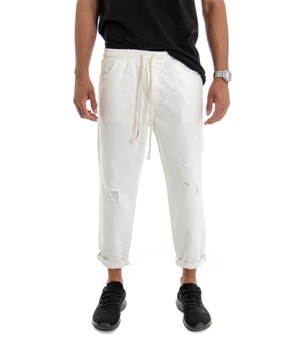 Pantaloni Jeans Uomo Regular Fit Bianco Pantalaccio Bull Con Rotture Casual GIOSAL-P3037A