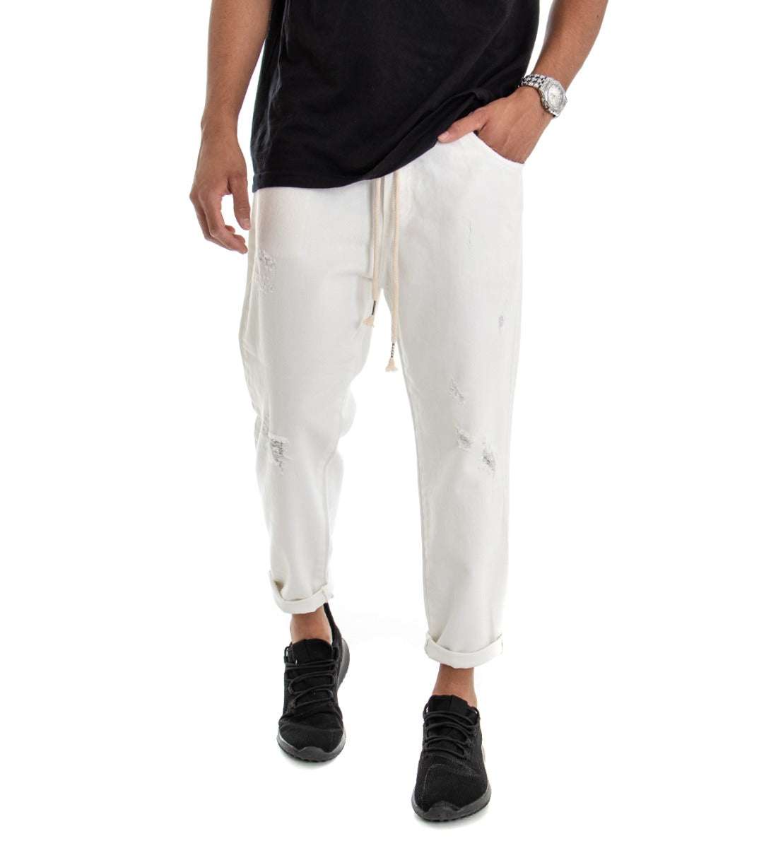 Jeans Jogger Cotone Loose Fit Rotture Bianco P3037A