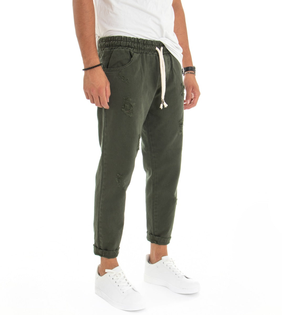 Jeans jogger uomo verde cotone loose fit con rotture dettaglio