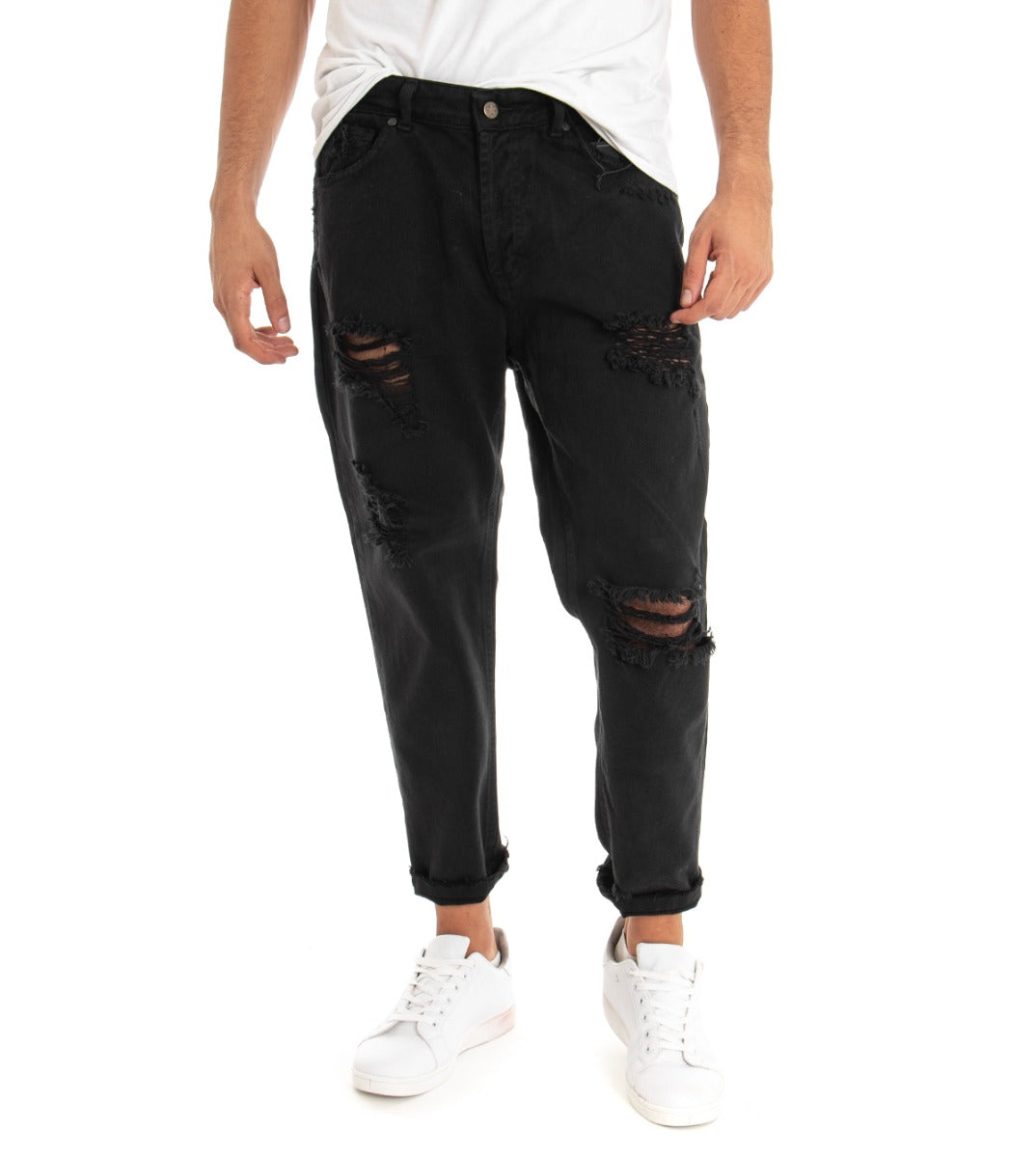 Jeans Uomo Loose Fit Pantaloni Con Rotture Casual Basic Nero P3278A