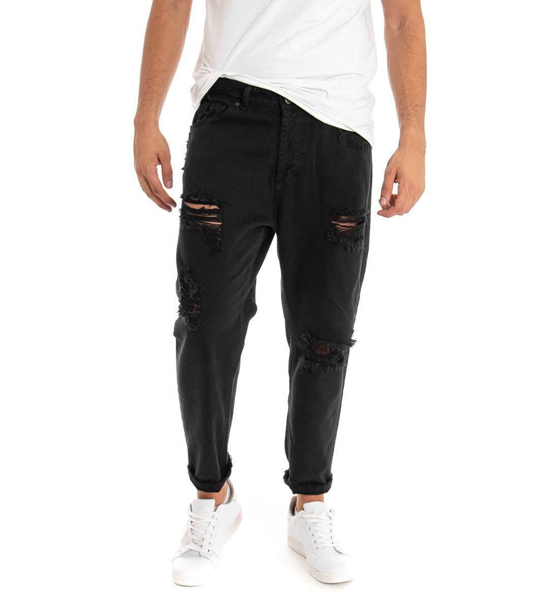 Pantaloni Jeans Uomo Loose Fit Nero Con Rotture Cinque Tasche Casual GIOSAL-P3278A