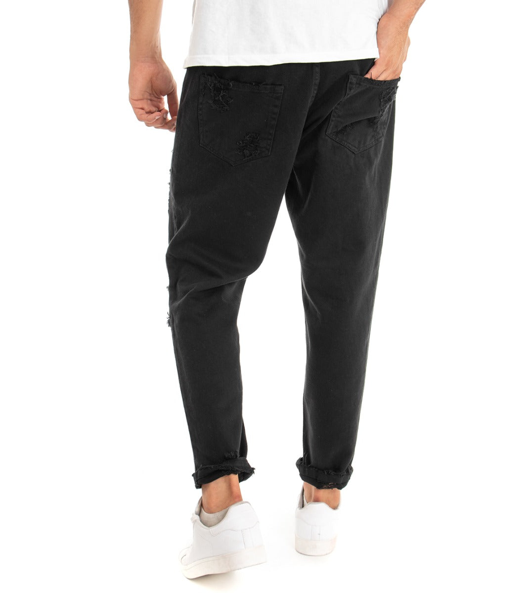 Jeans Uomo Loose Fit Pantaloni Con Rotture Casual Basic Nero P3278A
