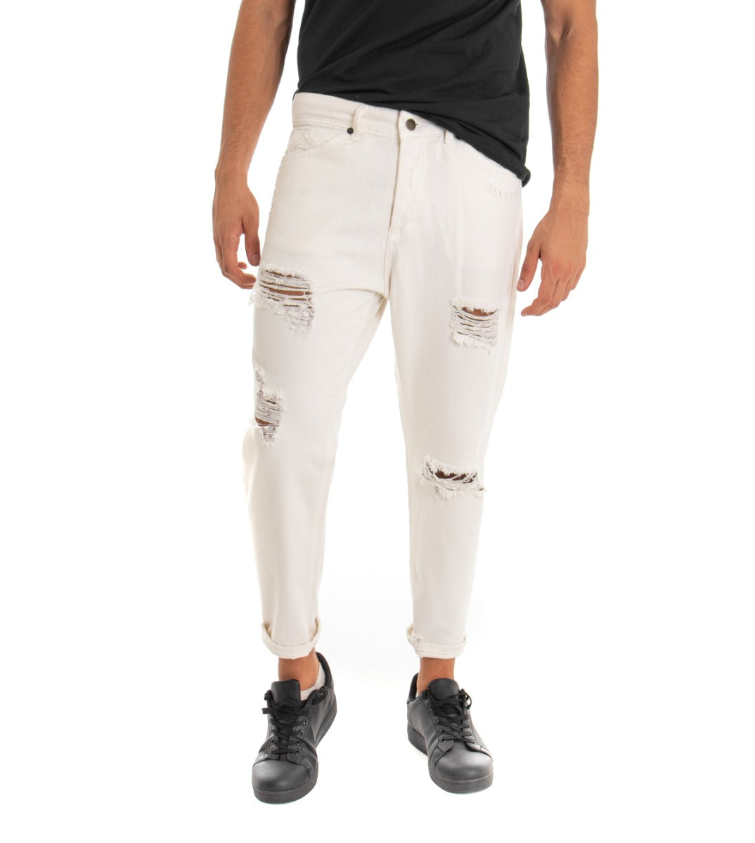 Pantaloni Jeans Uomo Loose Fit Panna Con Rotture Cinque Tasche Casual GIOSAL-P3280A