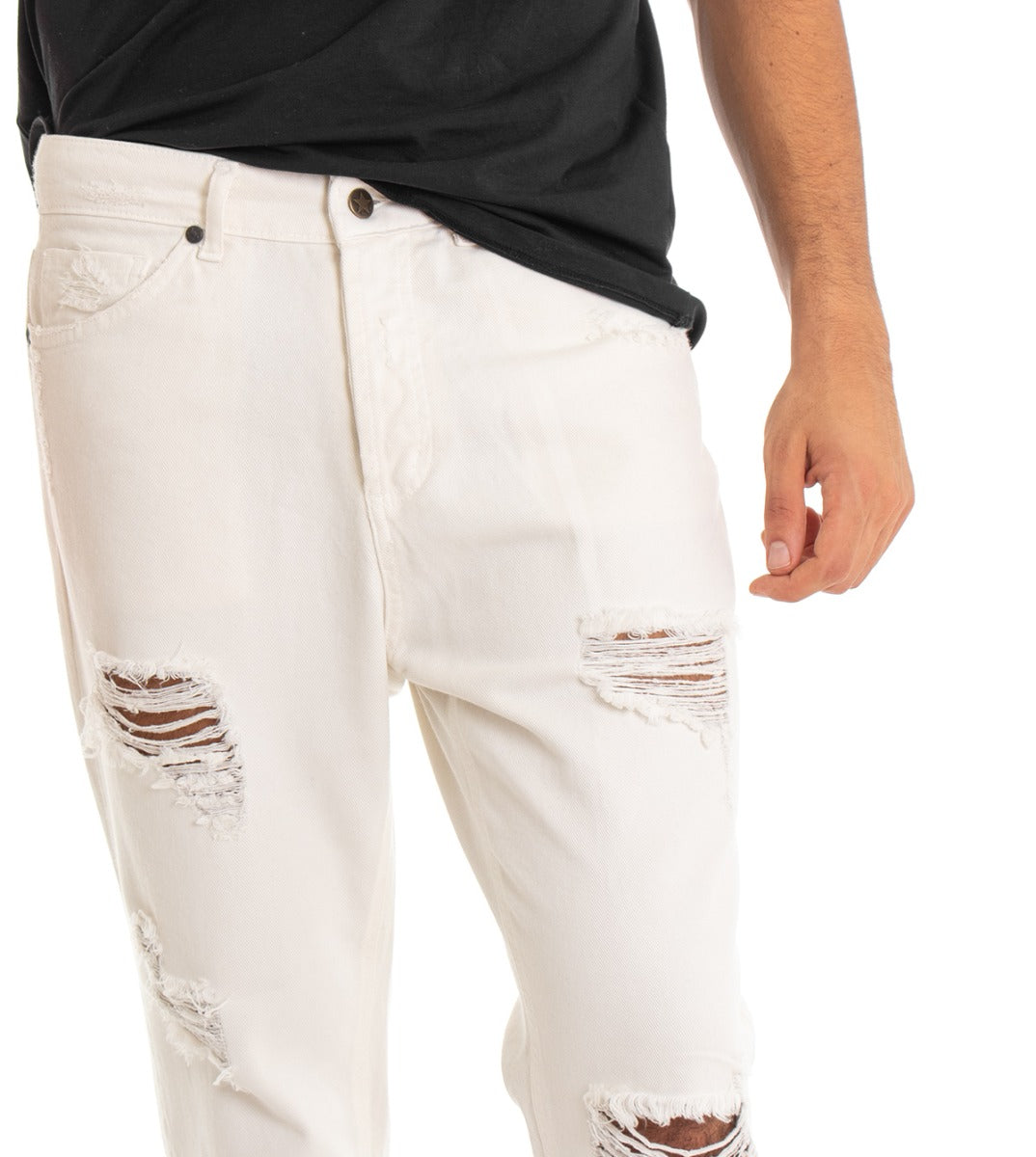 Pantaloni Jeans Uomo Loose Fit Panna Con Rotture Cinque Tasche Casual GIOSAL-P3280A